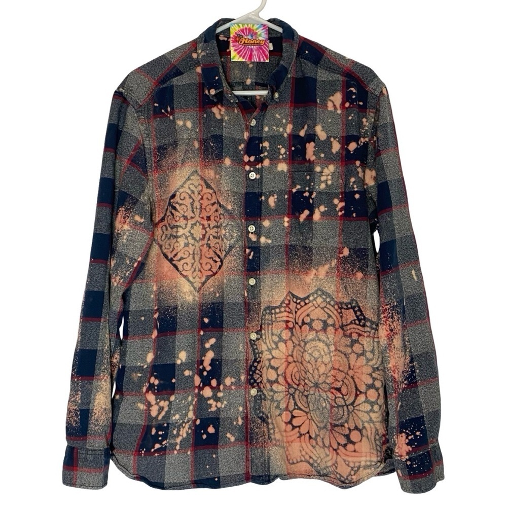 Handmade Floral Flannel Shirt Mens Size Large Unisex Bleached Plaid Button Down